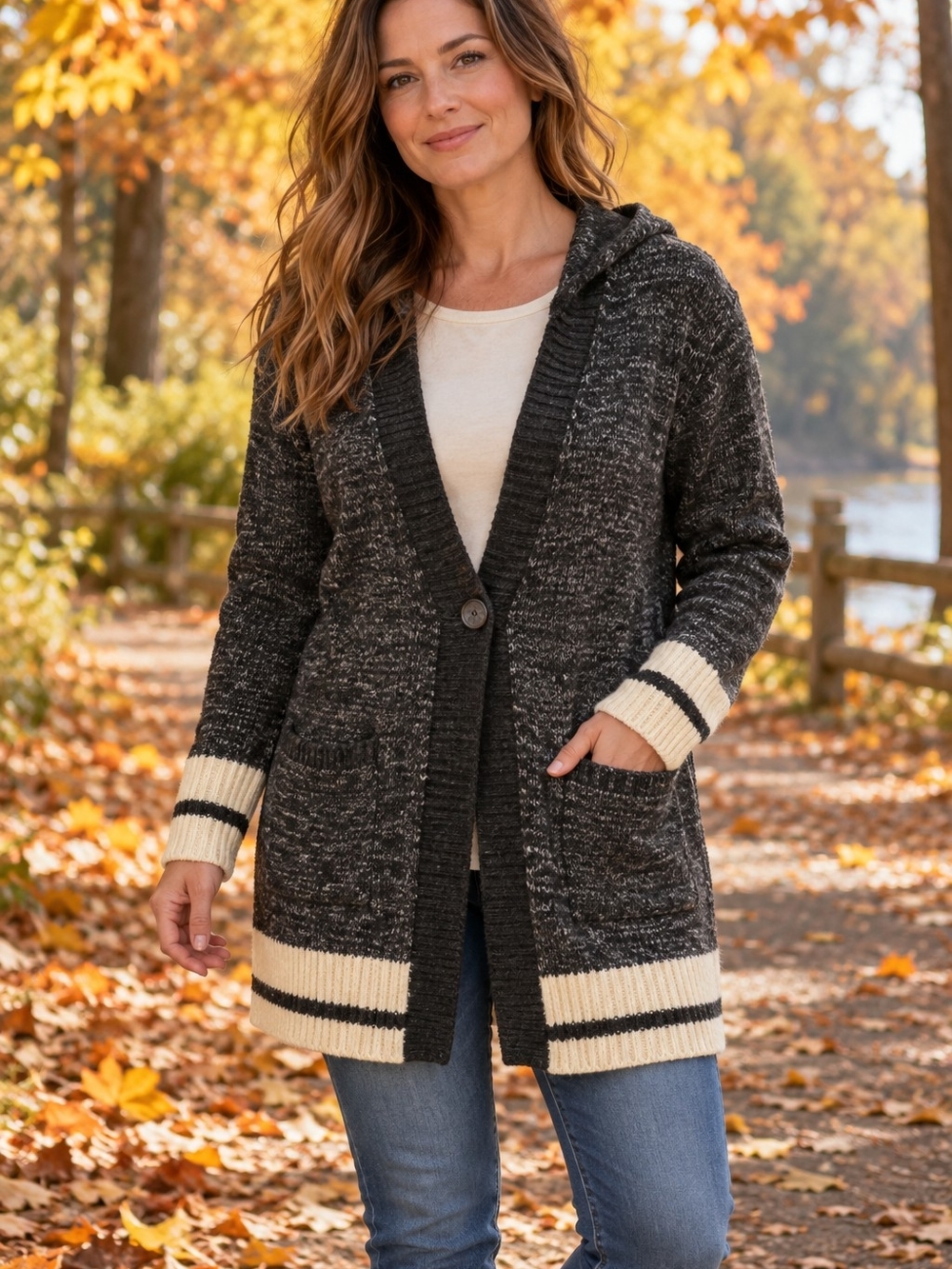 Hooded Charcoal Knit Cardigan with Cream Stripe Trim - Women's Sweater